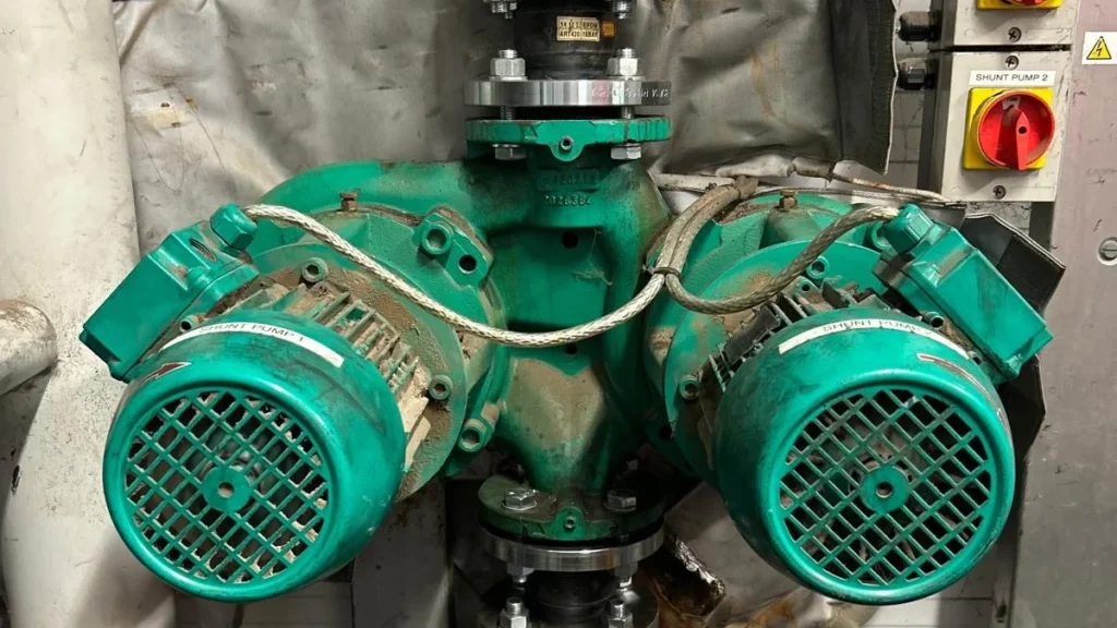 Twin circulating pumps with insulation jackets and pressure gauge on a biomass heating system