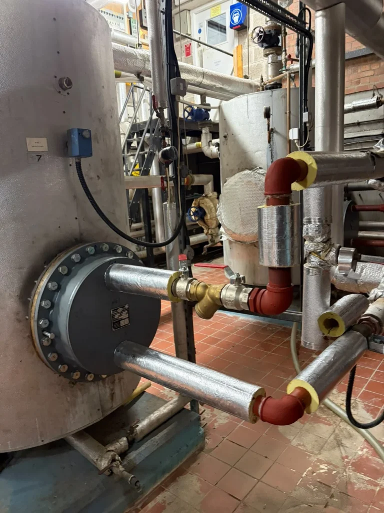 Large-bore flanged steel pipework and insulated headers connected to a commercial boiler
