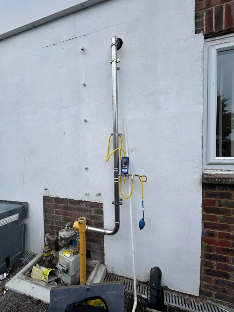 External gas riser with interlock valve and meter mounted on a rendered wall