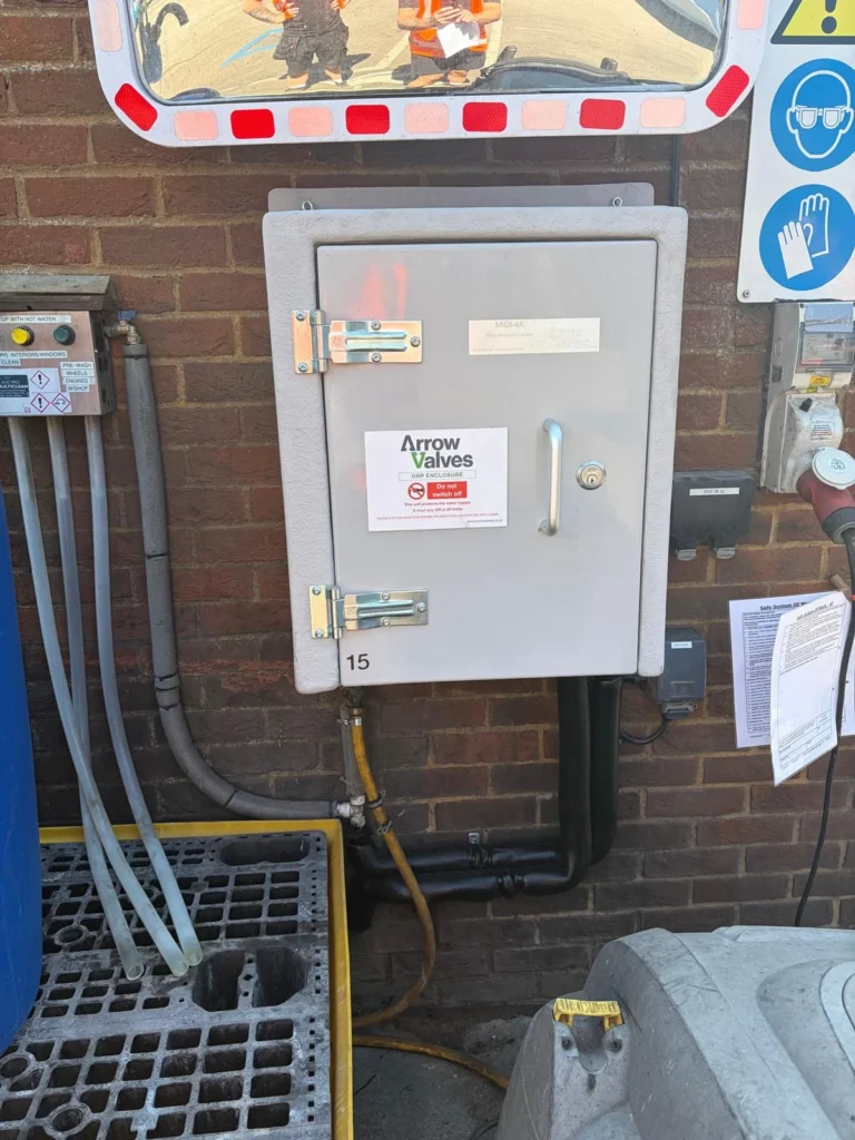 Arrow Valves gas control cabinet with safety signage installed on a commercial site