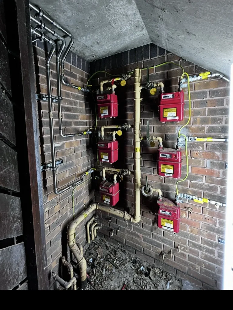 Bank of red gas meters and new supply pipework on a brick wall in the meter room of a block of flats